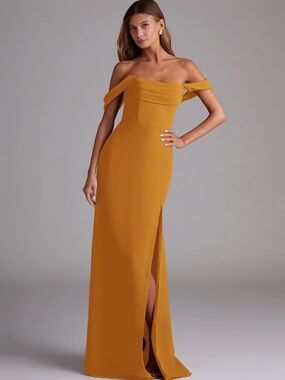 One-Shoulder Mustard Evening Gown